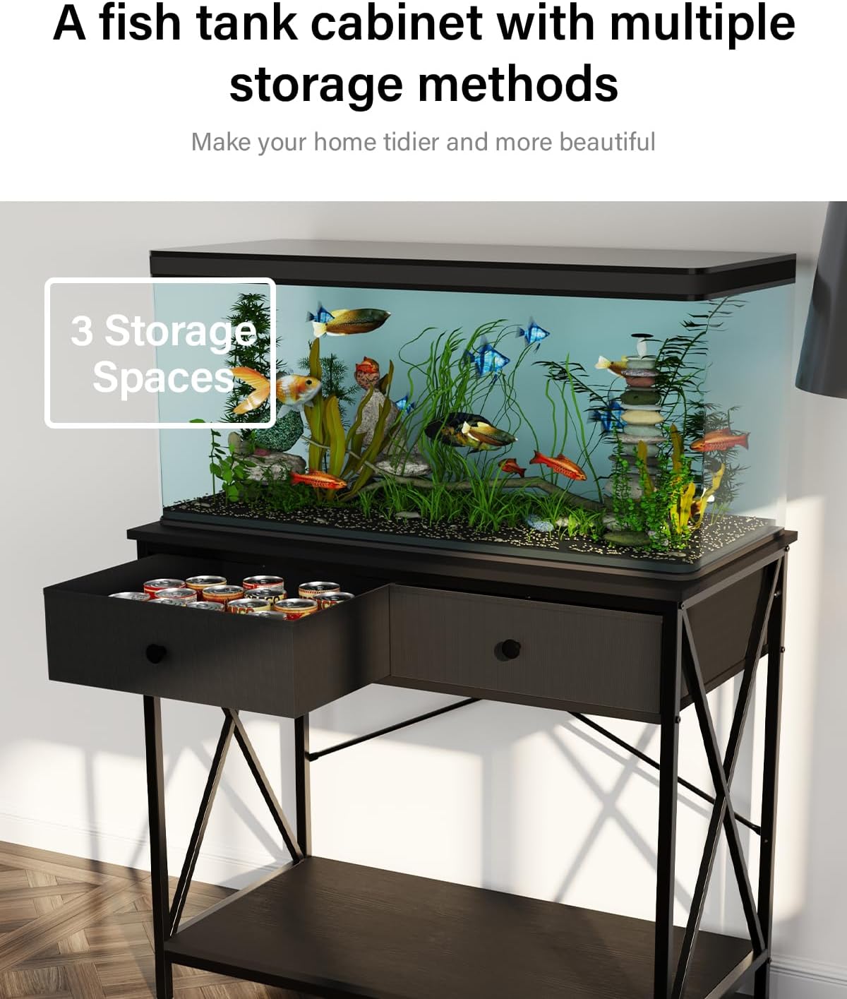 Fish Tank Stand 40 Gallon: Sturdy Aquarium Stand with Accessories Storage - Metal Fish Tank Table for 40-50 Gallon Reptile Breeder Turtle Terrarium - 35"X19.54" Weight Capacity 660 lbs