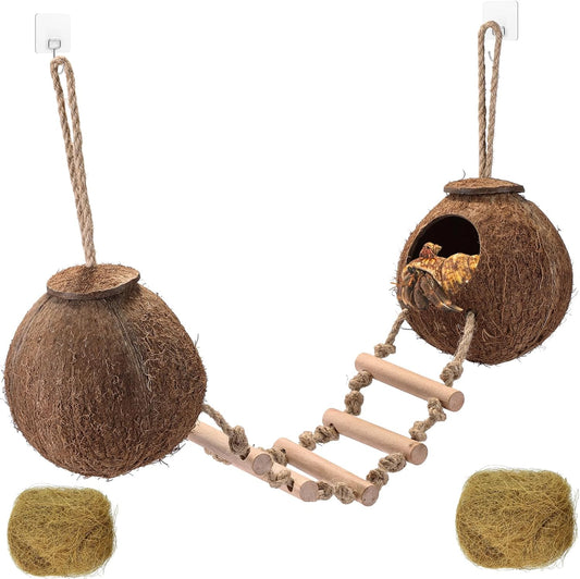 HERCOCCI Gecko Tank Accessories, Hermit Crab Toys Double Coconut Shell Natural Coconut Husk Hut with Climbing Ladder with Suction Cup for Leopard Gecko Snake Reptiles