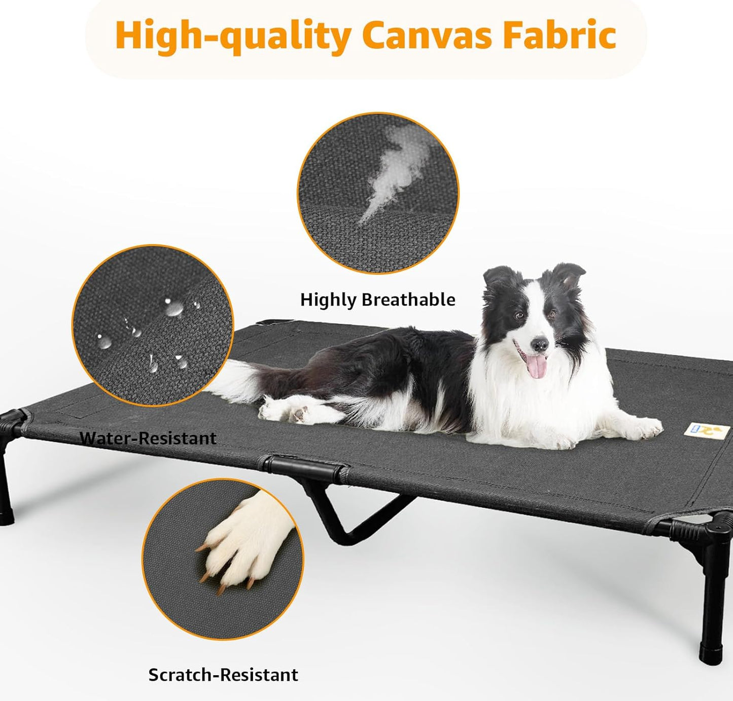 Sytopia Canvas Elevated Dog Bed, Durable Chew Proof Outdoor Raised Pet Cot for Large Dogs, Waterproof, Breathable, Portable, Washable, Easy Assembly, Sturdy Frame for Camping & Travel, Dark Grey