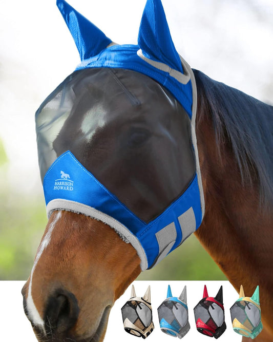 Harrison Howard Pro Luminous Horse Fly Mask Standard with Ears UV Protection for Horse Signature Blue Large Full Size