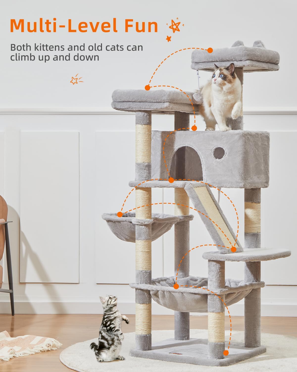 Taoqimiao Cat Tree 57.5-Inch, Cat Tower for Indoor Cats Large Adult, Extra Large Cat Condo, 8 Sisal Scratching Posts, Metal Frame Cozy Hammock, Durable Scratch Board, 2 Top Perches, Light Gray MS026W