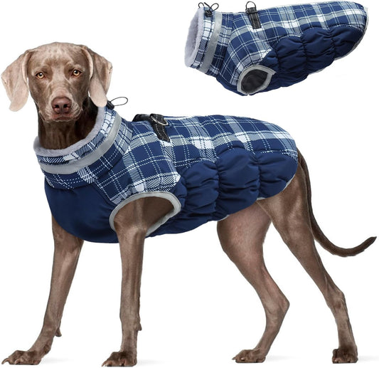FUAMEY Dog Coat for Large Dogs,Waterproof Dog Winter Jacket with Harness Built in Puppy Cold Weather Coats Reflective Pet Vest with Zipper Warm Fleece Dogs Snowsuit Windproof Blue Plaid 2XL