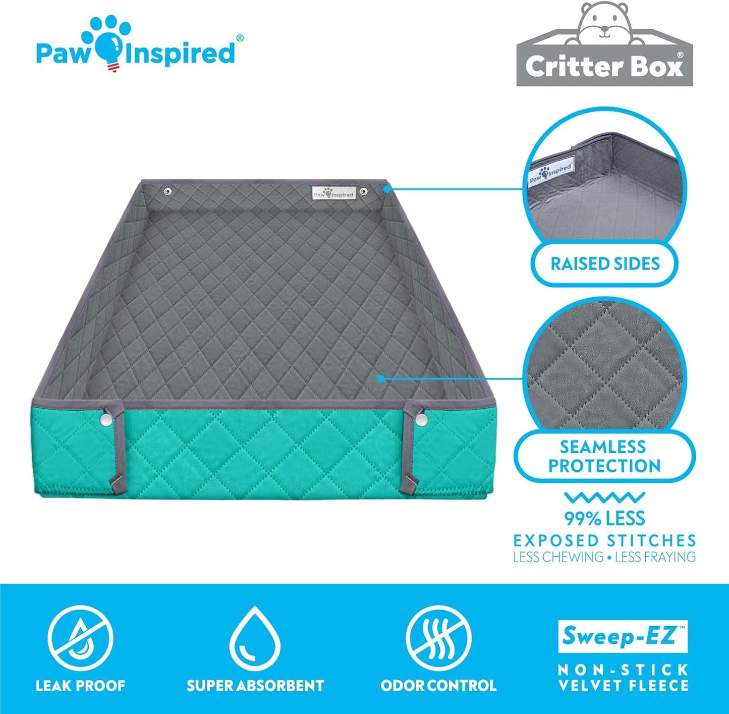 Paw Inspired Critter Box Washable Cage Liner, Reversible Fleece Bedding with Raised Sides for Ferrets, Guinea Pigs, Rats, Chinchillas, Small Animals (Critter Nation/Ferret Nation, Gray/Green)
