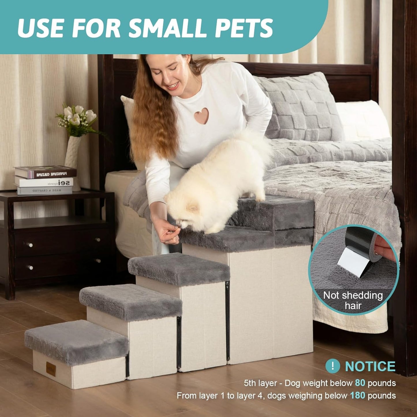 Dog Stair for Small Dogs with Storage, Foldable Pet Step with Soft Cover, Older Cat Ramp for Chair Couch Sofa, Lightweight, Durable, Comfort, 39.7x13x21.2 inch, 5 Tiers, Grey