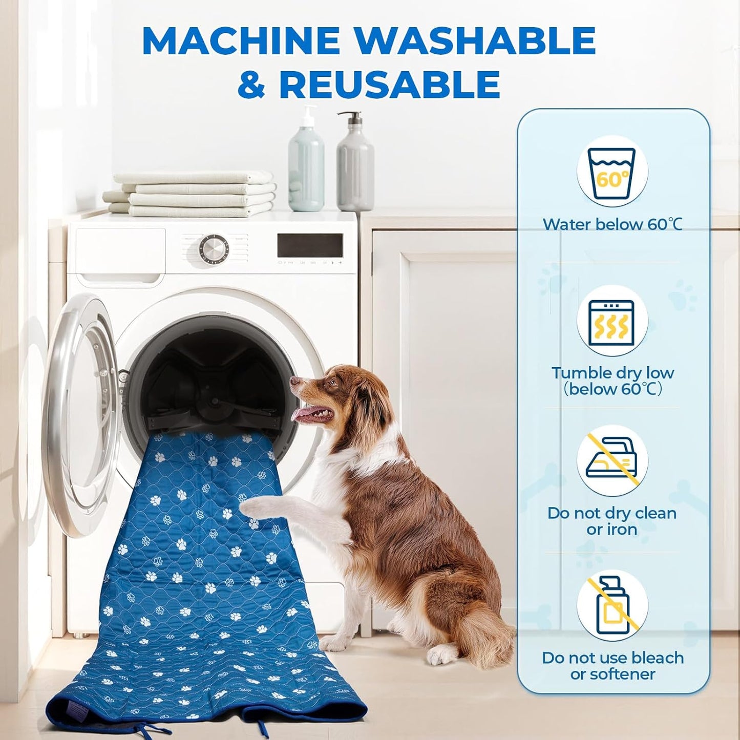 Fostanfly Washable Pee Pads for Dogs, 2 Pack Large 36"x48" Ultra-Absorbent and Leak-Proof Non-Slip Reusable Potty Training Pads for Dogs, Puppy & Cats of Add 8 Lanyards-Blue