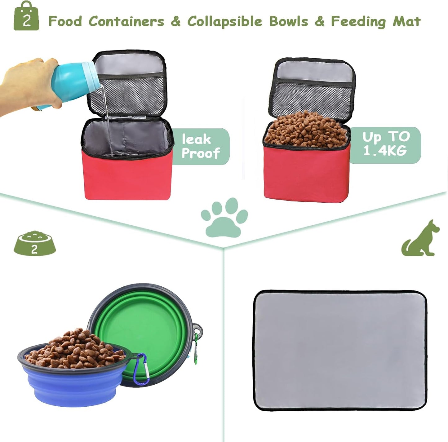 WOLT Dog Travel Bag Dog Bag for Traveling and Supplies with 2 Collapsible Bowls, 2 Food Containers, 1 Place Mat, Red