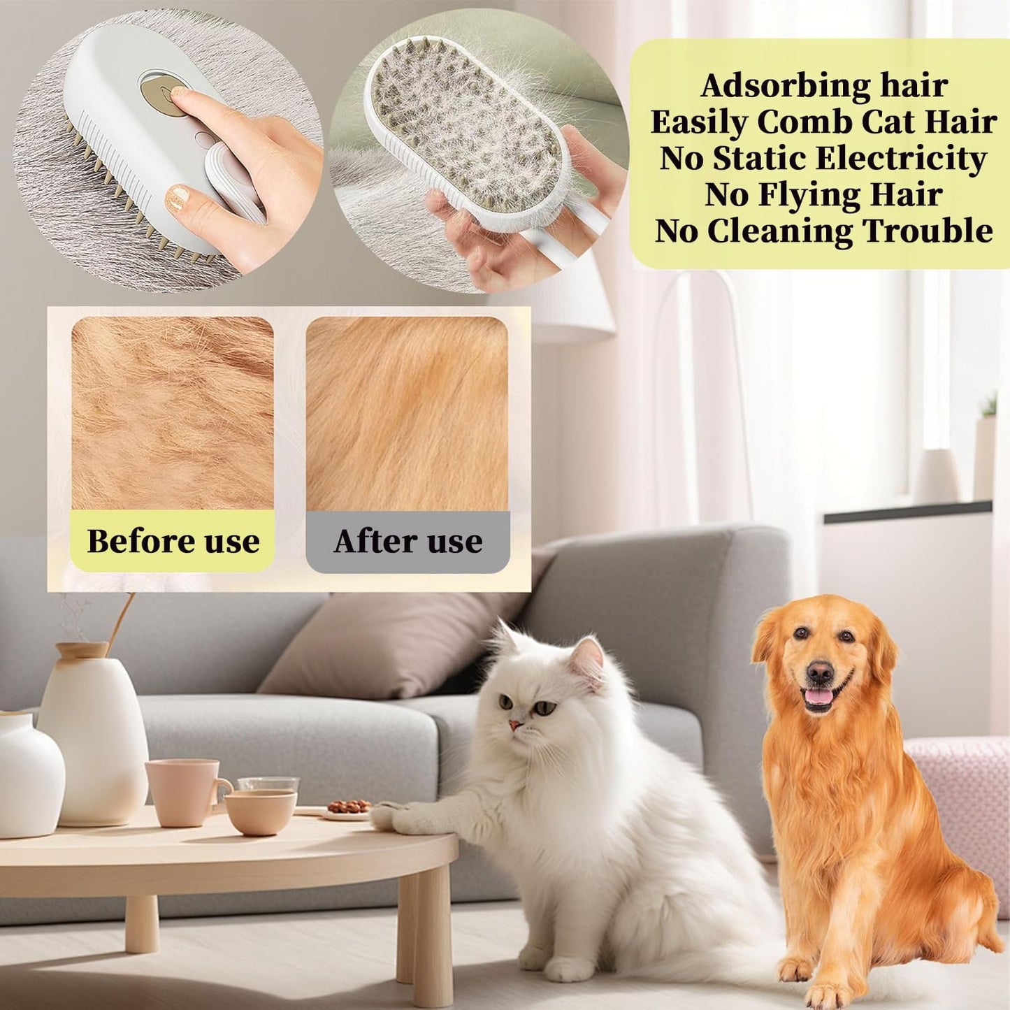 4-in1 Cat Steam Brush for Shedding & Grooming, Spray Hair Removal Comb with 1 Waterless Shampoo, Cat Brush for Massage, Pet Grooming Comb Hair Removal Tool for Cats and Dogs