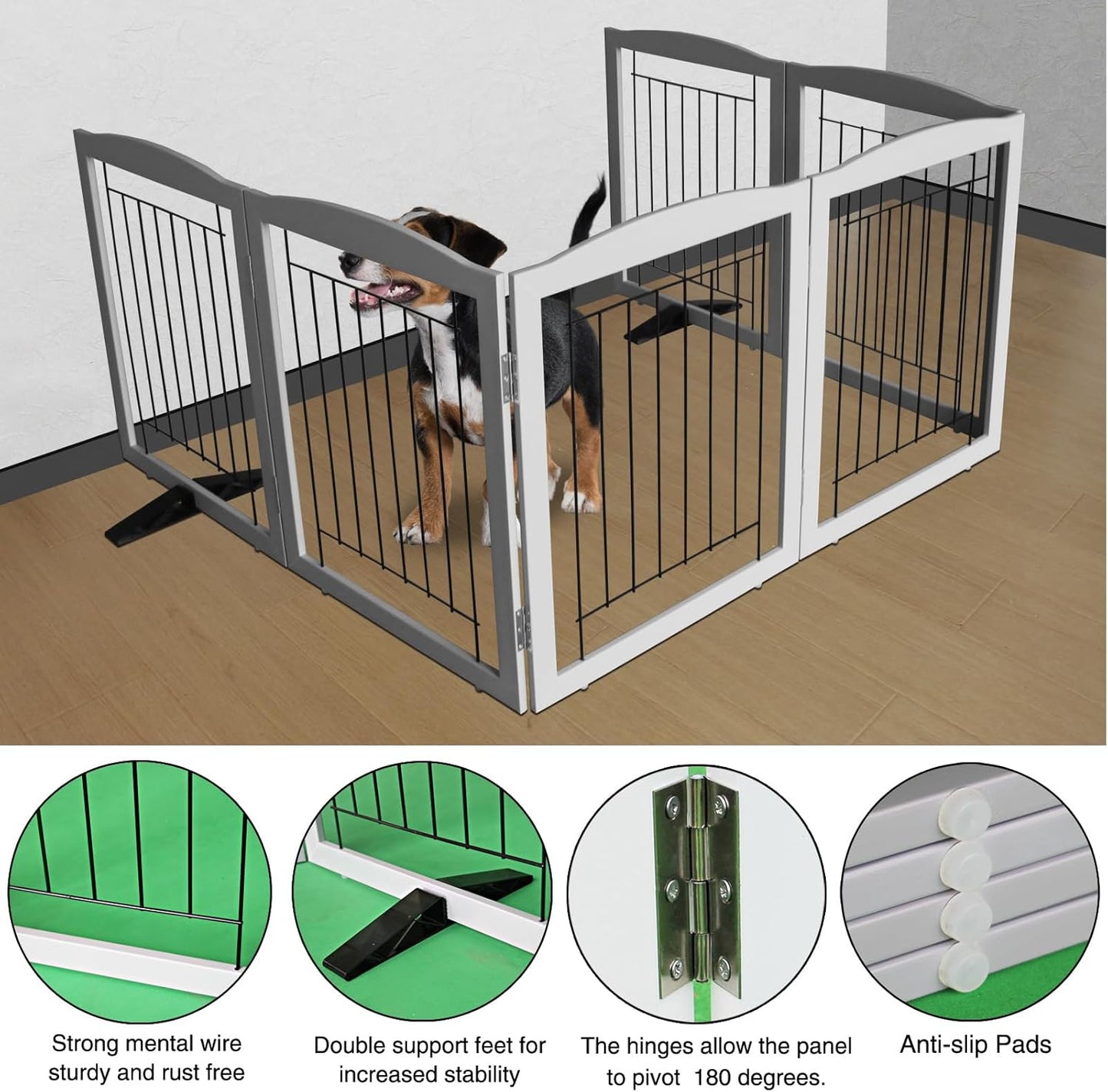 ZJSF Freestanding Dog Fence Indoor, Foldable Dog Gate for Doorways, Stairs or Hallways, Sturdy Wood Extra Wide Pet Gate with Support Feet for The House, Grey, 32 "Height-6 Panels