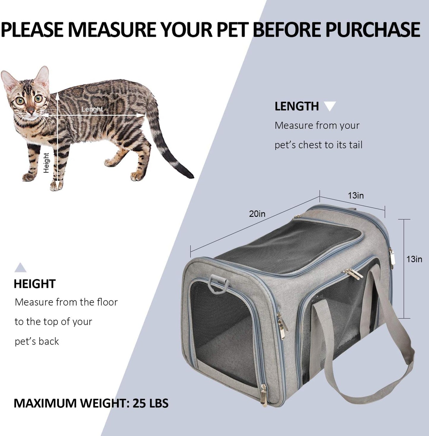 Large Dog Cat Carriers Puppies up to 25Lbs, Big Dog Carrier Soft Sided, Collapsible Travel Puppy Carrier - Large - Grey
