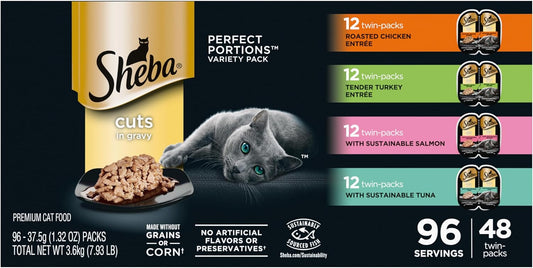 Sheba Perfect Portions Wet Cat Food Cuts in Gravy Variety Pack, Roasted Chicken, Tender Turkey, with Sustainable Salmon, and with Sustainable Tuna, 2.6 oz. Twin-Pack Trays (48 Count, 96 Servings)