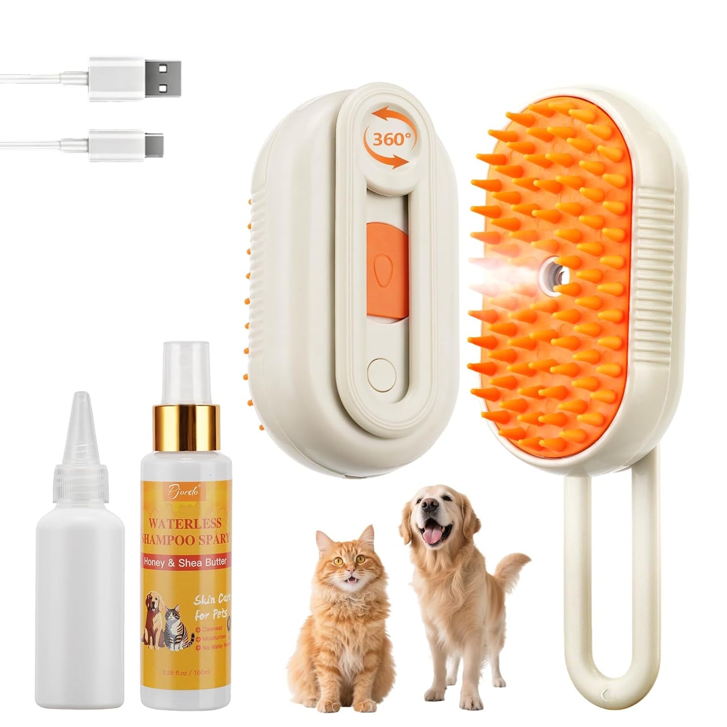 Cat Steam Brush for Shedding, 4 in 1 Rechargeable Pet Steam Brush Set for Dogs & Cats, Pet Spray Hair Removal Comb with Waterless Shampoo, Anti-Static, Massage, Cleaning & Combing All in One