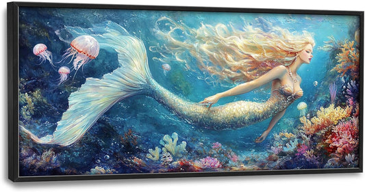 Extra Large Framed Mermaid Wall Art,Oversized Undersea Ocean Wall Decor,Colorful Coral Reefs Pictures for Living Room,Elegant Canvas Print Painting Modern Artwork Bedroom Bathroom 60L x 30W