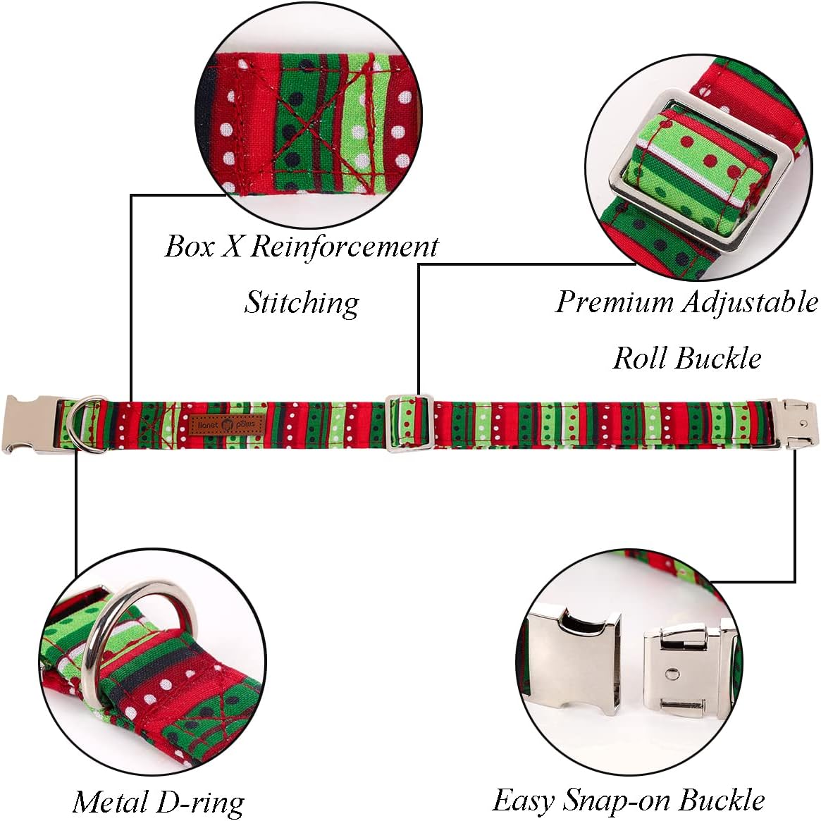 Lionet Paws Dog Collar with Bowtie, Detachable Bowtie for Dressing Up, Cotton Material, Red&Green Dot, Small, Dog, Cat, All Breeds, Extra Small, Buckle Closure, 7-11 inches