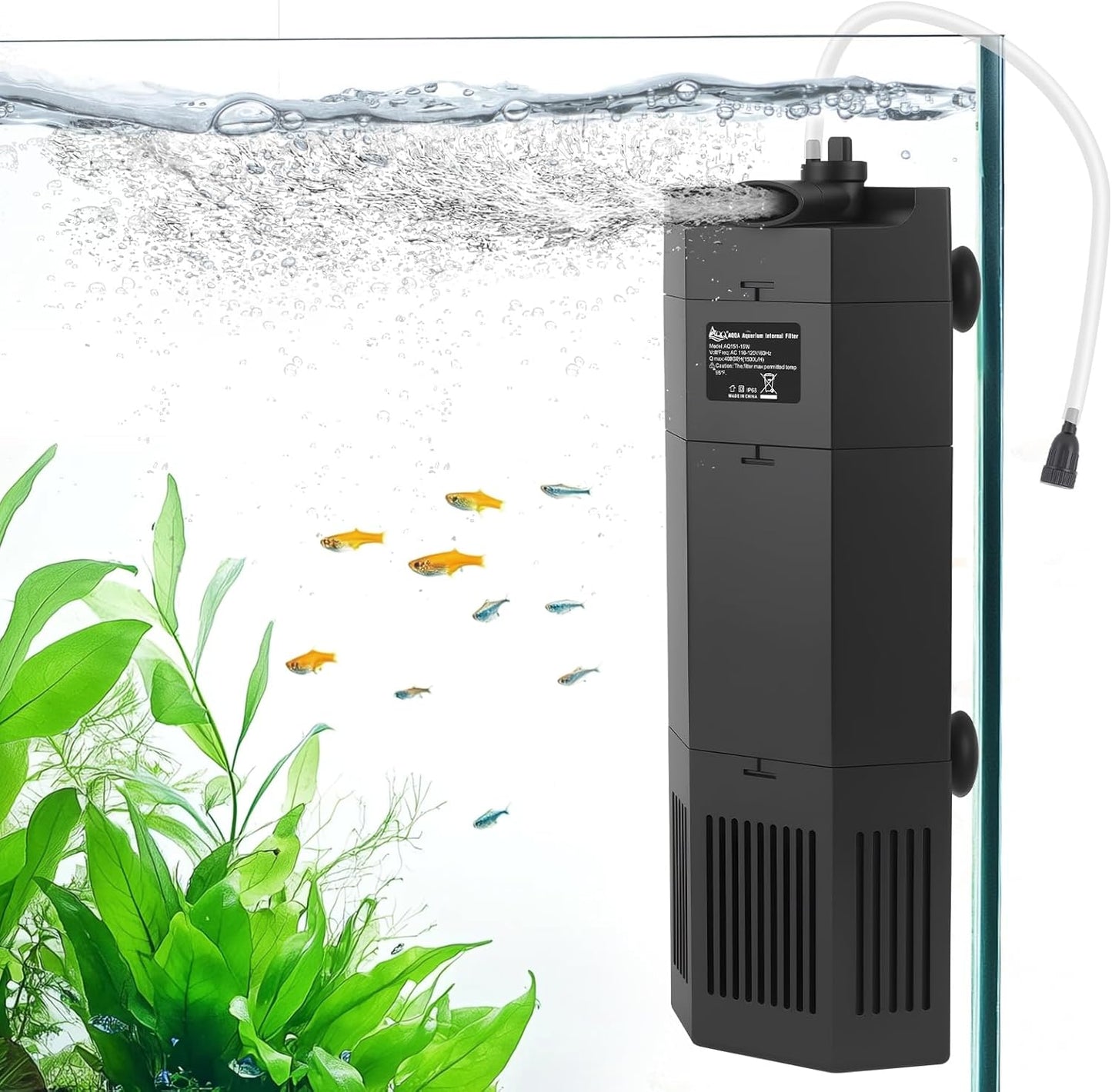 AQQA Aquarium Filter for 80-150Gal Fish Tank Submersible Internal Filters Multifunctional for Filtration, Circulation and Oxygenation Ultra Quiet for Freshwater & Saltwater Crystal Clear (15W,400GPH)
