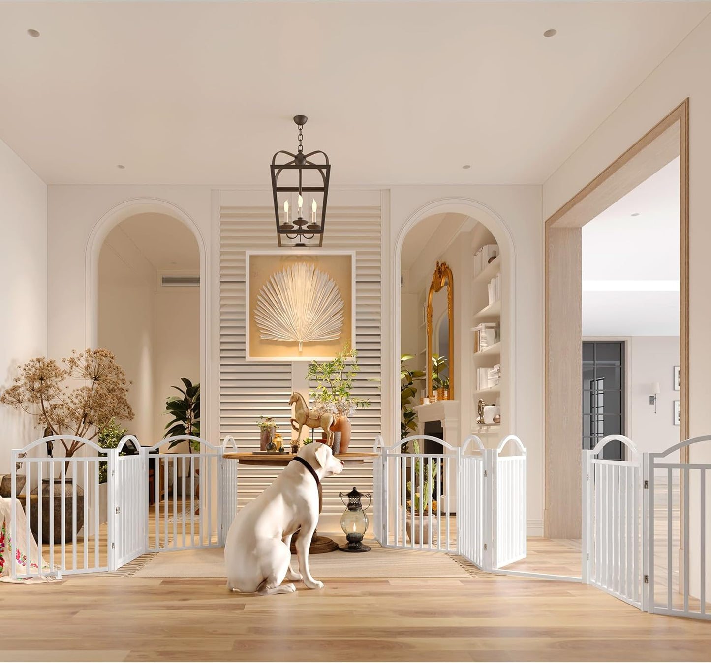 BHG Metal No-Assembly Freestanding Dog Gate with Door Walk Through, Extra Wide 144", Extra Tall 32" Pet Gate, Accordion Puppy Folding Playpen Dog Fence for Indoor & Outdoor, with 2PCS Support - White