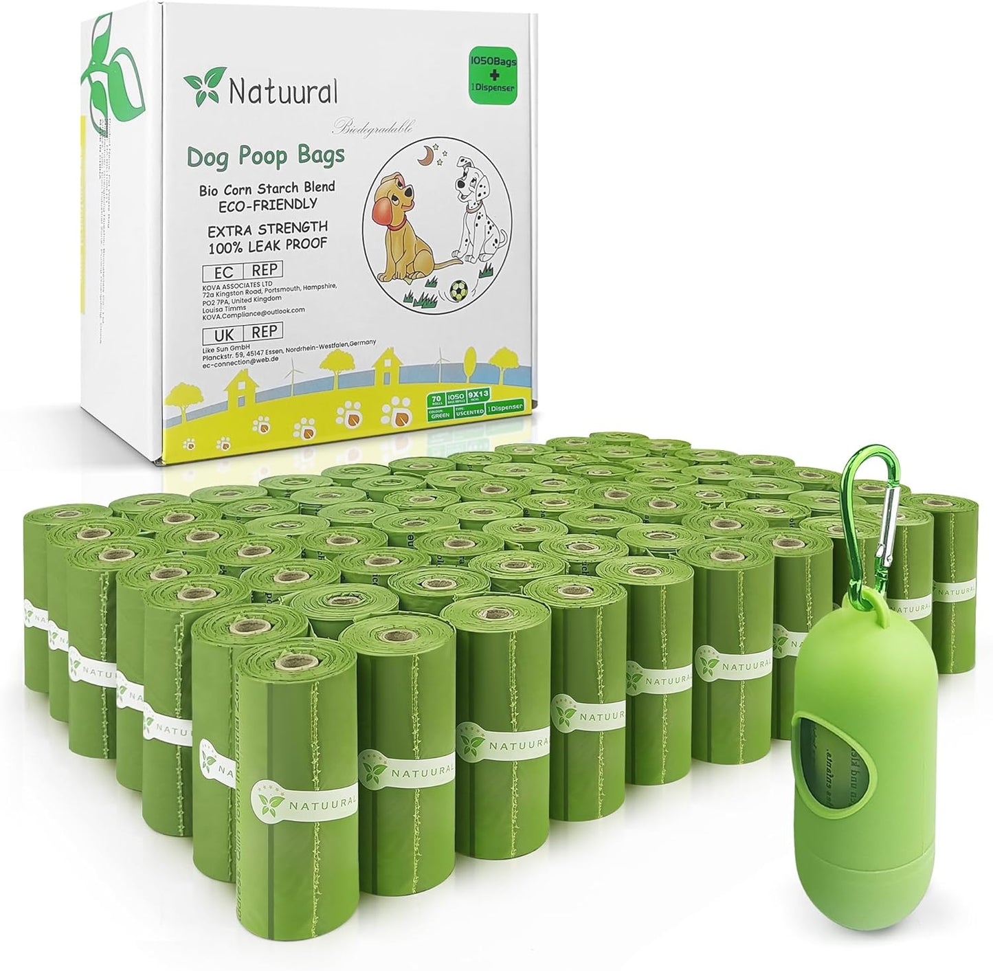 Poop Bags for Dogs-1050 Counts, 70 Rolls With a Free Dispensers, Doggie Poop Bags Made of Cornstarch, Extra Thick and 100% Leak Proof (Green)
