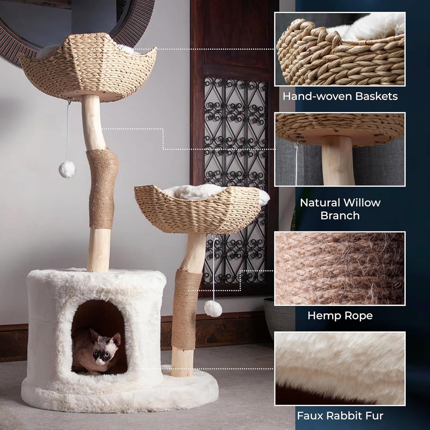 The Bungalow Cat Tree - Luxury Cat Condo, Large Modern Indoor Tower with 2 Faux Fur Beds, Scratching Posts, Toys, and Den for Cats, 23.5-Inch Width x 18-Inch Depth x 43-Inch Height
