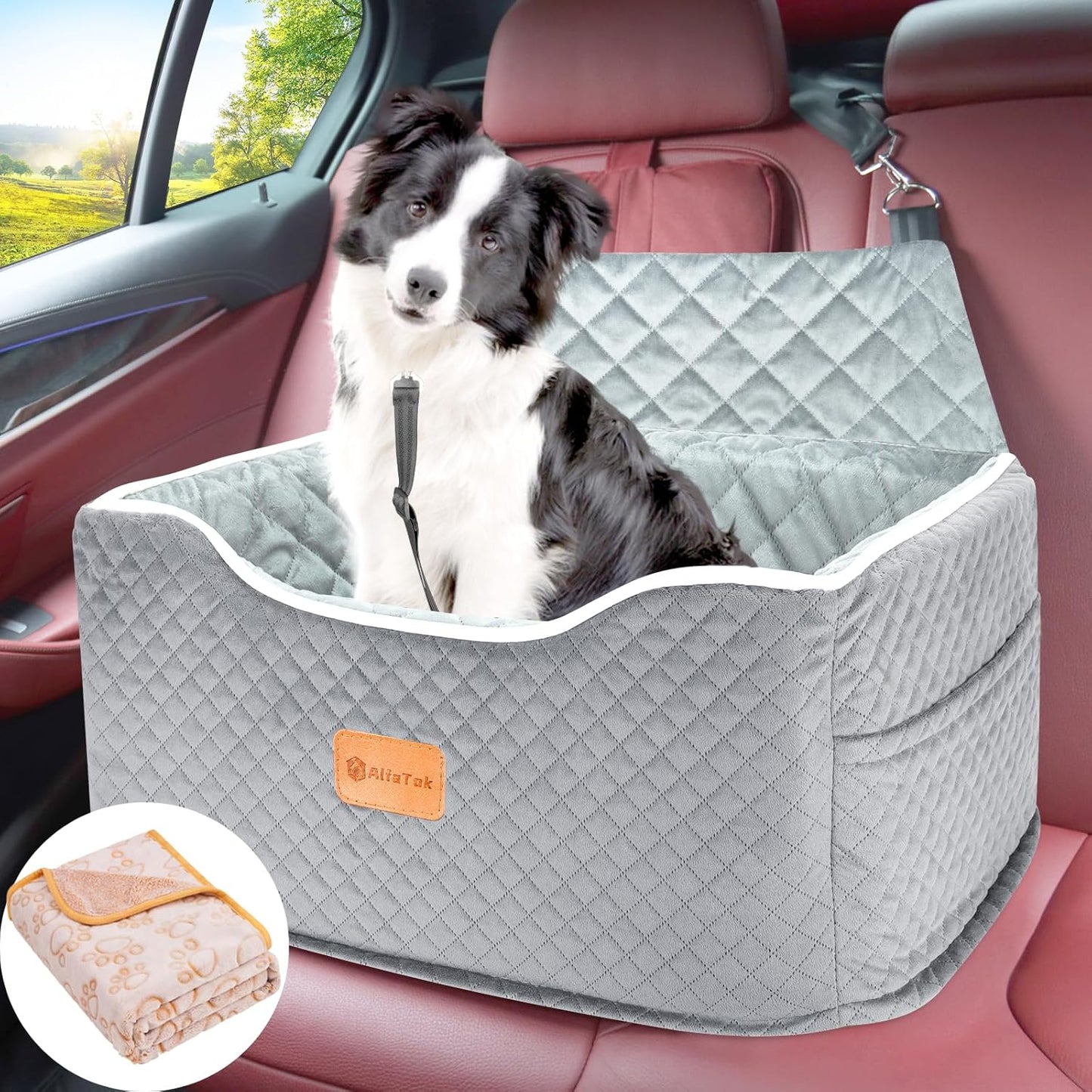 Memory Foam Booster Dog Car Seat for Medium Dogs Under 45 LBS, Elevated Pet Car Seat with Detachable Washable Cover, Anti-Slip Sturdy Dog Booster Seat with Seat Belt for Back Seat Travel