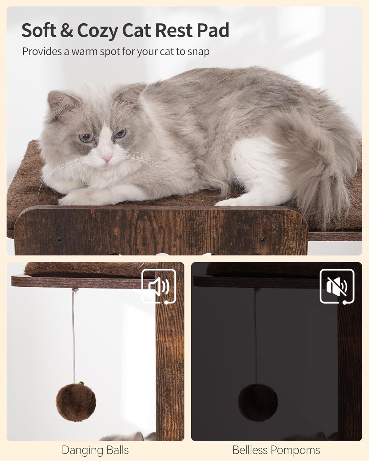 FourFurPets Modern Cat Tree, 58-Inch Cat Tower for Large Cats, Maine Coon Cat Tree with Scratching Board, Large Perch, Hammock and Removable Pads, Rustic Brown