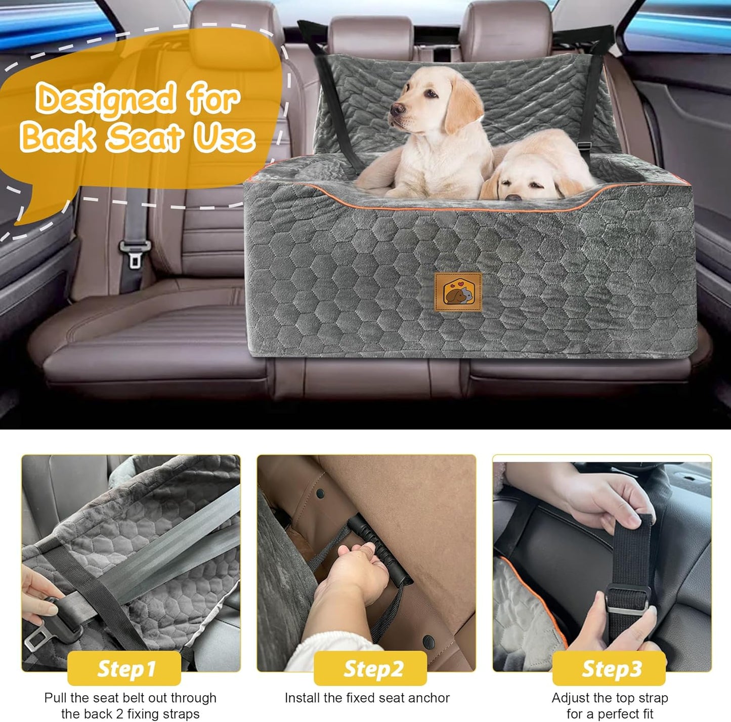 Dog Car Seat for Medium/Large Dog Booster Seat Under 60 lbs or 2 Small Dogs, Multi-Functional Pet Car Seat with Thick Cushion, 2 Safety Leashes (Gray)