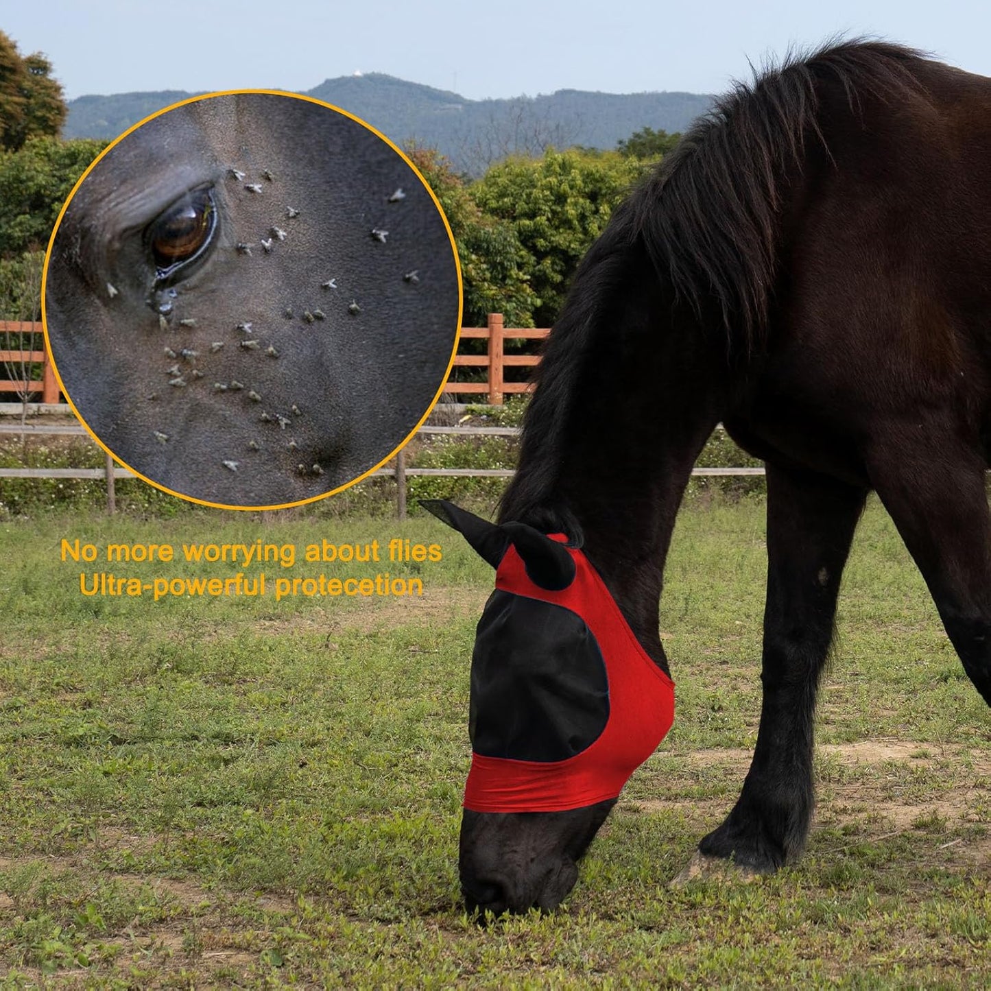 2 Piece Horse Fly Mask with Ears, Comfortable Fit Stretch Fabric Big Eye Space Soft Breathable with UV Protection for Full Horses (Red-Blue)