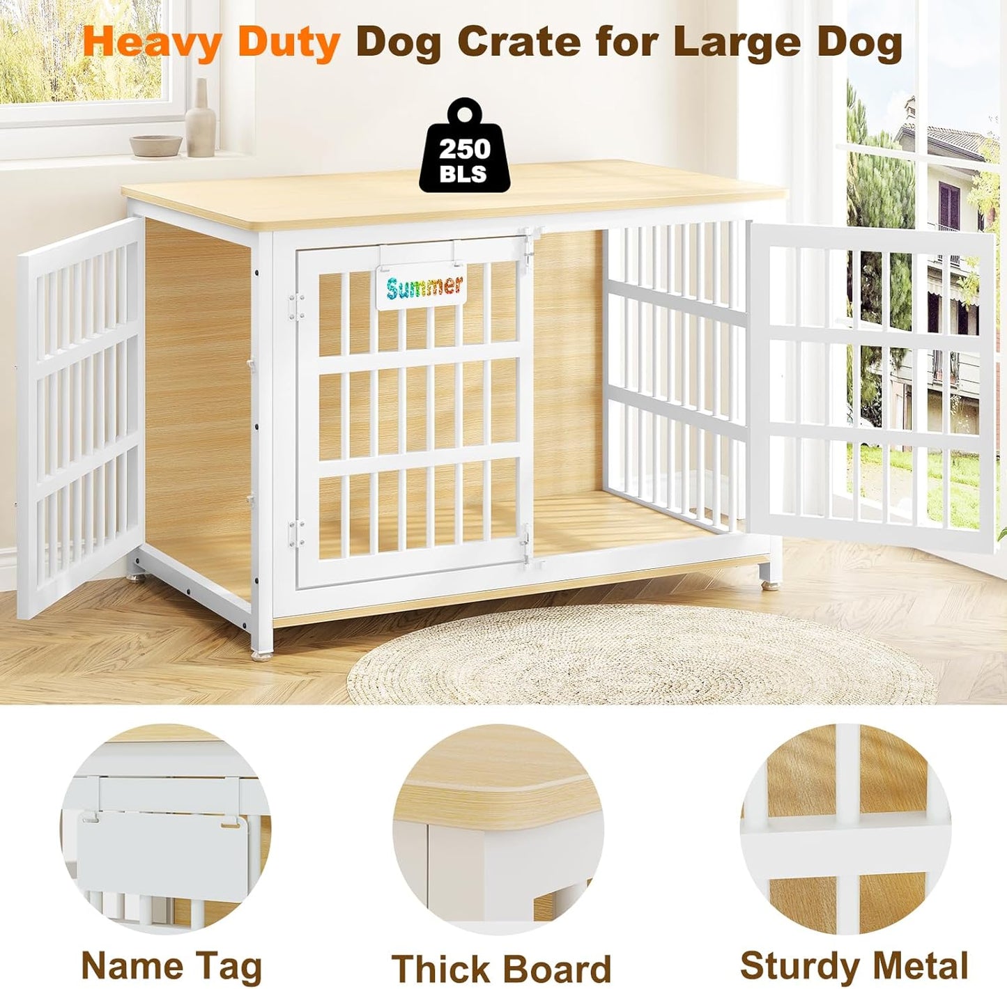 EasyCom Heavy Duty Dog Kennel Indoor with Name Tag, XL Dog Crate Furniturefor Large and Medium Dogs, Double-Doors Sturdy Dog Cage for Anxiety Dog, Decorate House as TV Stand, End Table, Bedside Table
