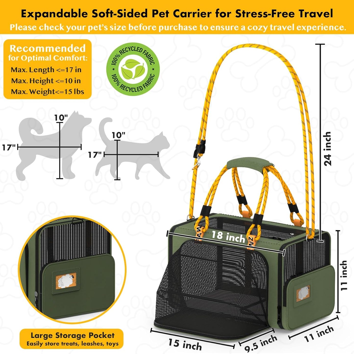 PAWZIDEA Expandable Soft-Sided Pet Carrier 18″×11″×11″, TSA Airline Approved Travel Bag for Small Dog & Animal, Top-Load Large Cat Carrier Under Seat 2 Cats, Collapsible Puppy Carry ID Tag, Up to 16lb