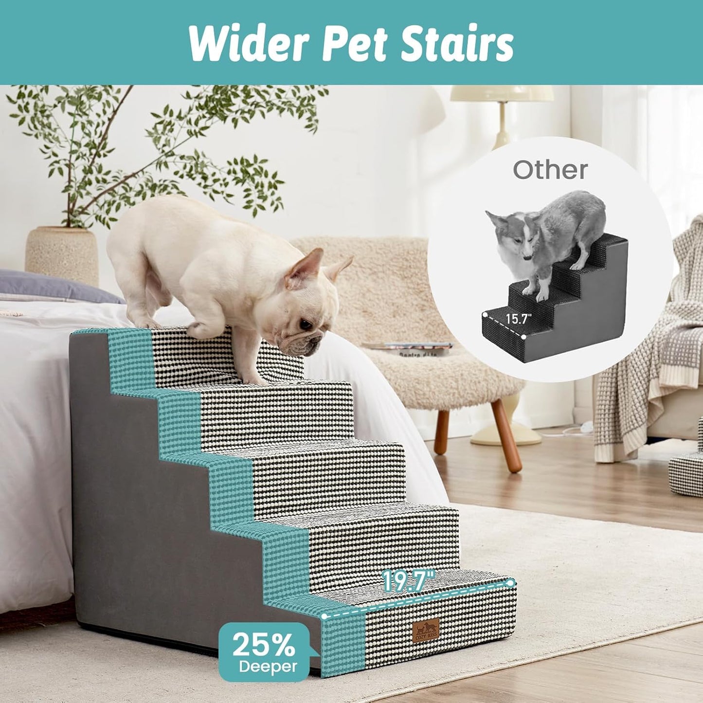 Dog Stairs for Small Dogs, 5 Tier Wider Pet Stairs for High Beds, 23.6" H Non-Slip Dog Steps for Old Cats, Puppies, Small Medium Dogs, 29.5x19.7x23.6 inch, White Black