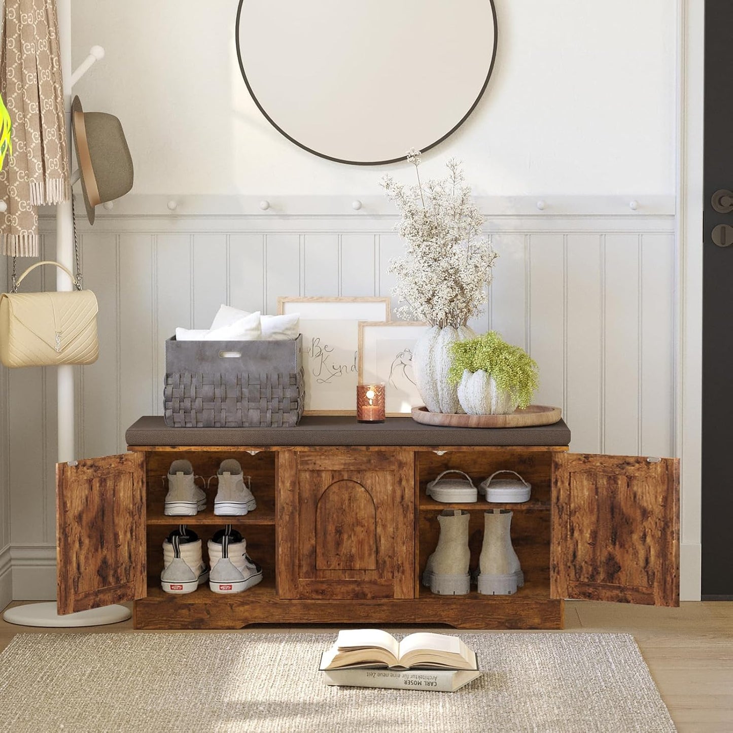 DINZI LVJ Shoe Bench, Entryway Storage Bench with Doors, Cushion, 2-Tier Shoe Rack with 6-Cubby, 39.4”L x 13.8”W Shoe Organizer Cabinet, Adjustable Shelf, Living Room, Bedroom, Rustic Brown