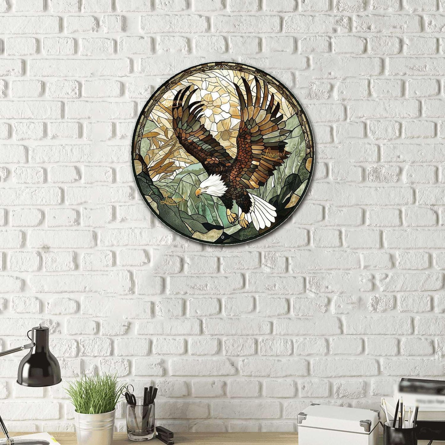 Lygond Metal Sign Tin Sign Circular Stained Glass American Bald Eagle Bar Signs for Home Bar for Club 12×12 Inches