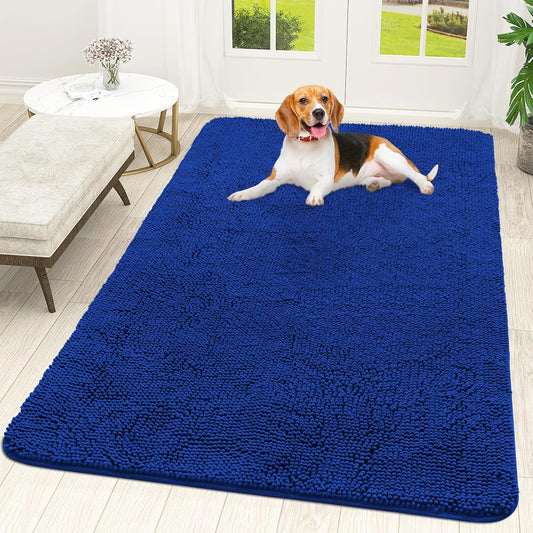 OLANLY Dog Door Mat for Muddy Paws 59x35, Absorbs Moisture and Dirt, Absorbent Non-Slip Washable Doormat, Quick Dry Chenille Mud Mat for Dogs, Entry Indoor Entryway Carpet for Inside Floor, Royal Blue