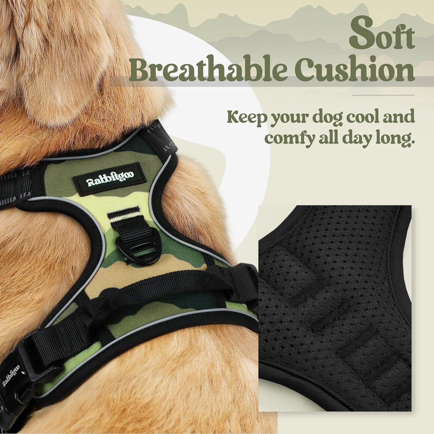 rabbitgoo Dog Harness No Pull with 2 Leash Clips, Adjustable Soft Padded, Reflective Oxford No Choke Pet Vest with Easy Control Handle for Large Dogs, Green Mountain,L