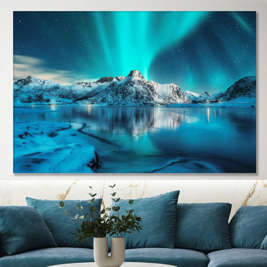 Nature Wall Art Prints - Ocean Forest Mountain Lake Canvas Landscapes - Small to Extra Large Living Room Bedroom Kitchen Bathroom Décor (Northern Lights Over Lake, 20L" x 30W")