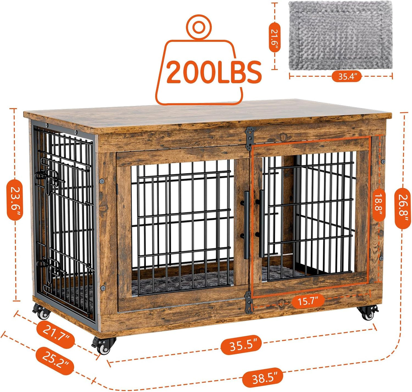 Lulive Dog Crate Furniture Set of 2, Dog Kennel Indoor Double Doors Wooden Dog Cage, 38'' Heavy Duty Dog Crate with Cushion & Wheels, End Table Pet House Chew-Resistant Up to 70 lb, Rustic Brown