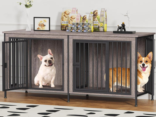 EasyCom 63" Dog Cage Furniture for 2 Pets with Divider, XL Wooden Double Dog Crate Furniture TV Stand for Mideum Breed, Durable and Sturdy