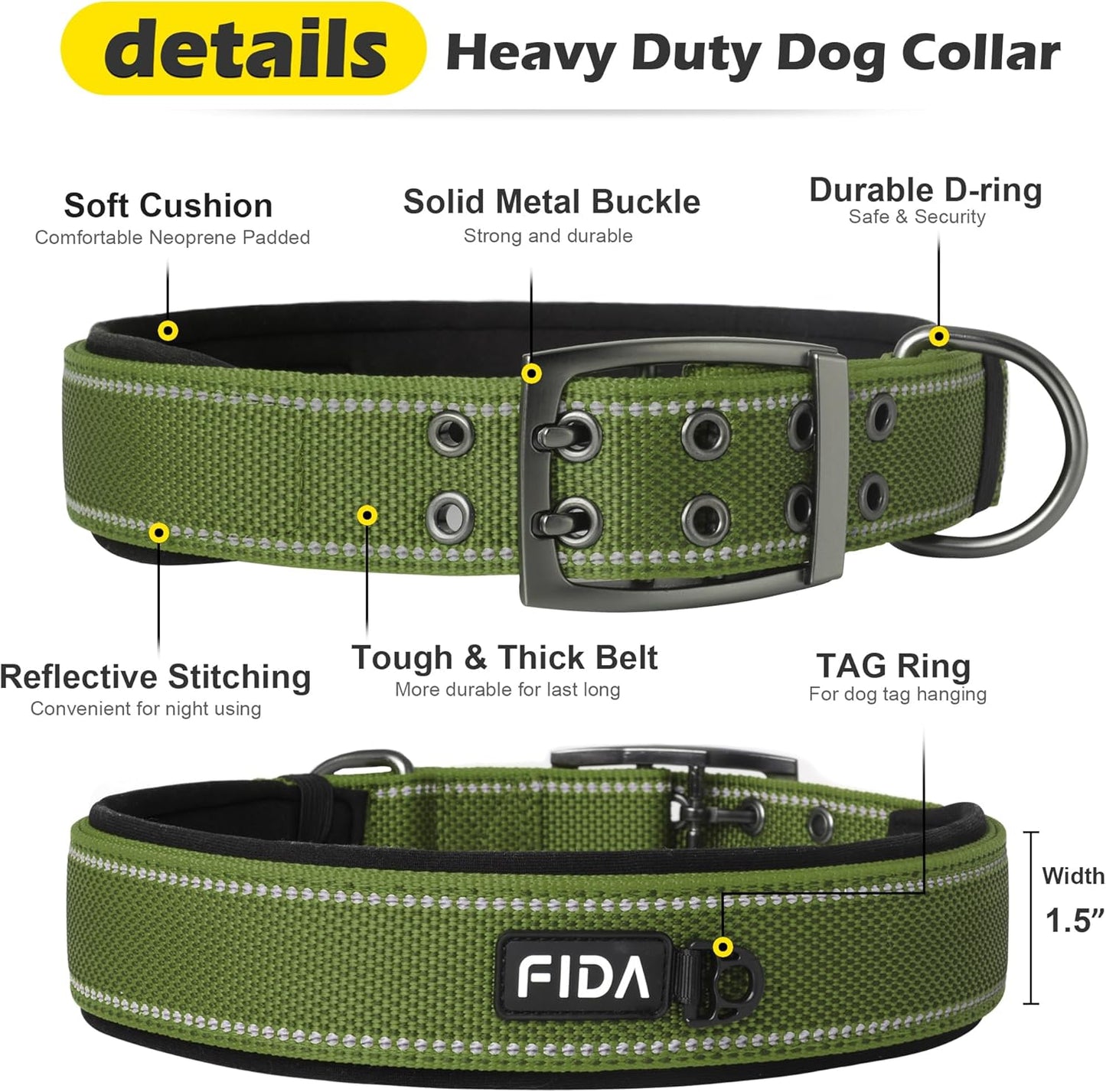 Fida Heavy DutyDog Collar for Large Dogs, Ultra Comfortable Soft Neoprene Padded, Adjustable Reflective Nylon Pet Collar with Durable Metal Belt Buckle for Extra Large Breeds(XL, Green)