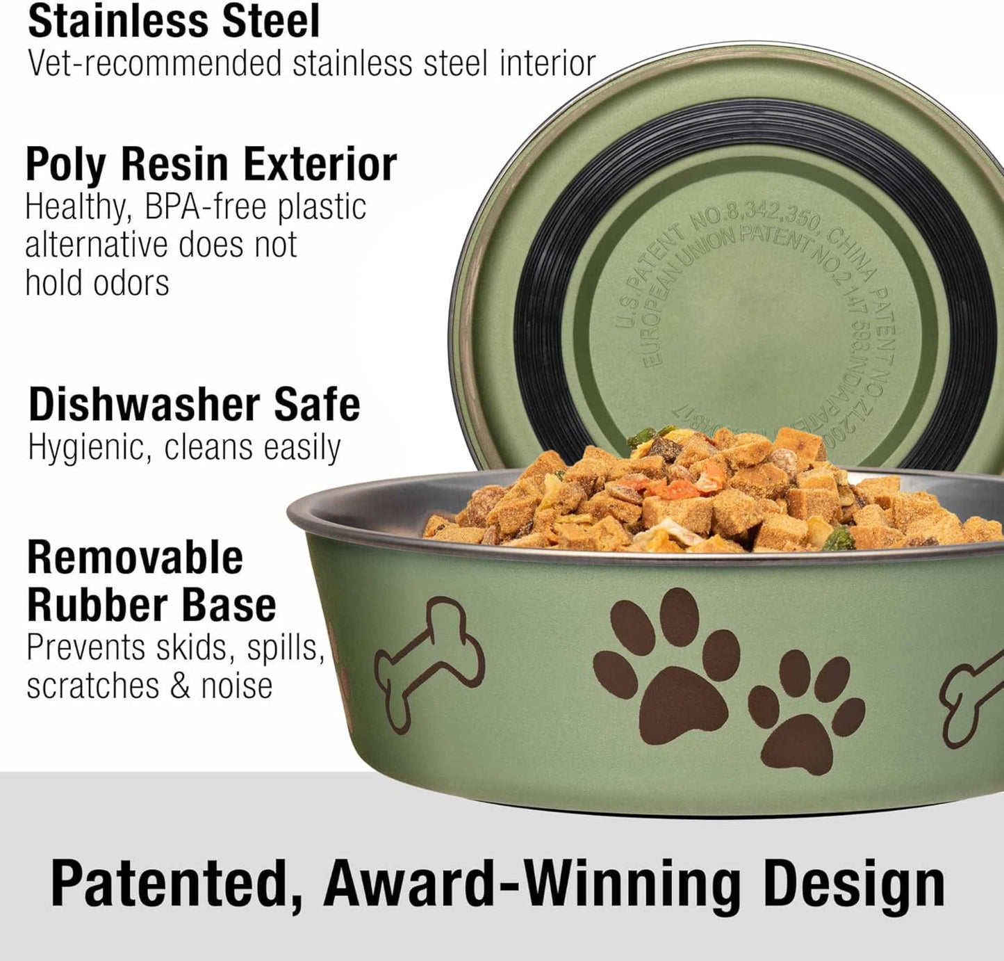 Loving Pets Bella Dog Bowls- Stainless Steel Dog & Cat Bowls - Spill Proof Dog Food Bowl, Cat Bowl, Puppy Essentials & Pet Supplies Great for Home & Travel (Large 35-65 lbs, Artichoke)