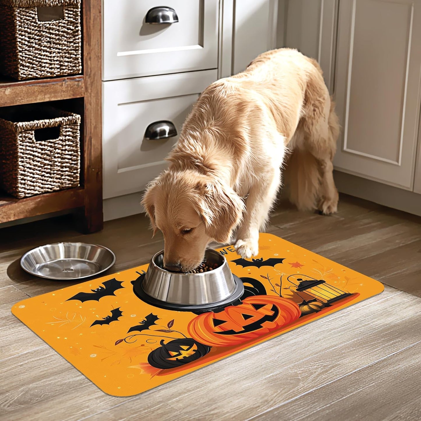Happy Halloween Cat Pet Feeding Mat for Floors-Absorbent Dog Bowl Mat for Food and Water, Quick Dry Pet Cat Feeding Mats with Non Slip Bottom, Mess-Free Dog Accessories 12"x20"