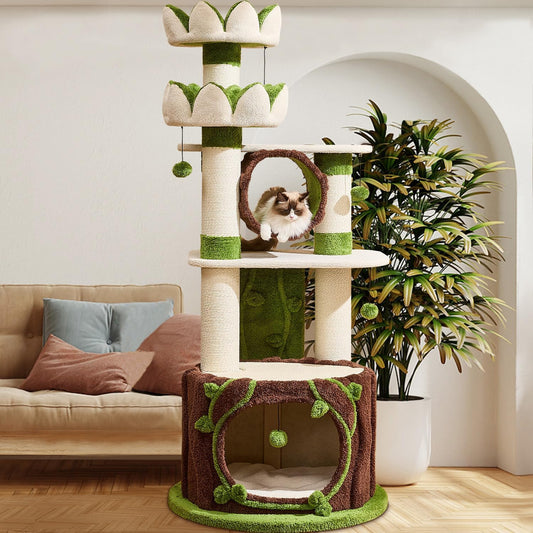 73‘’ Tall Flower Cat Tree for Indoor Cats Large Adult, Luxury Cat Tower with Scratching Post, Heavy Duty Modern Cat Furniture for Large Cats, Removable Mats, Multi-Level Cat House with Toy Ball
