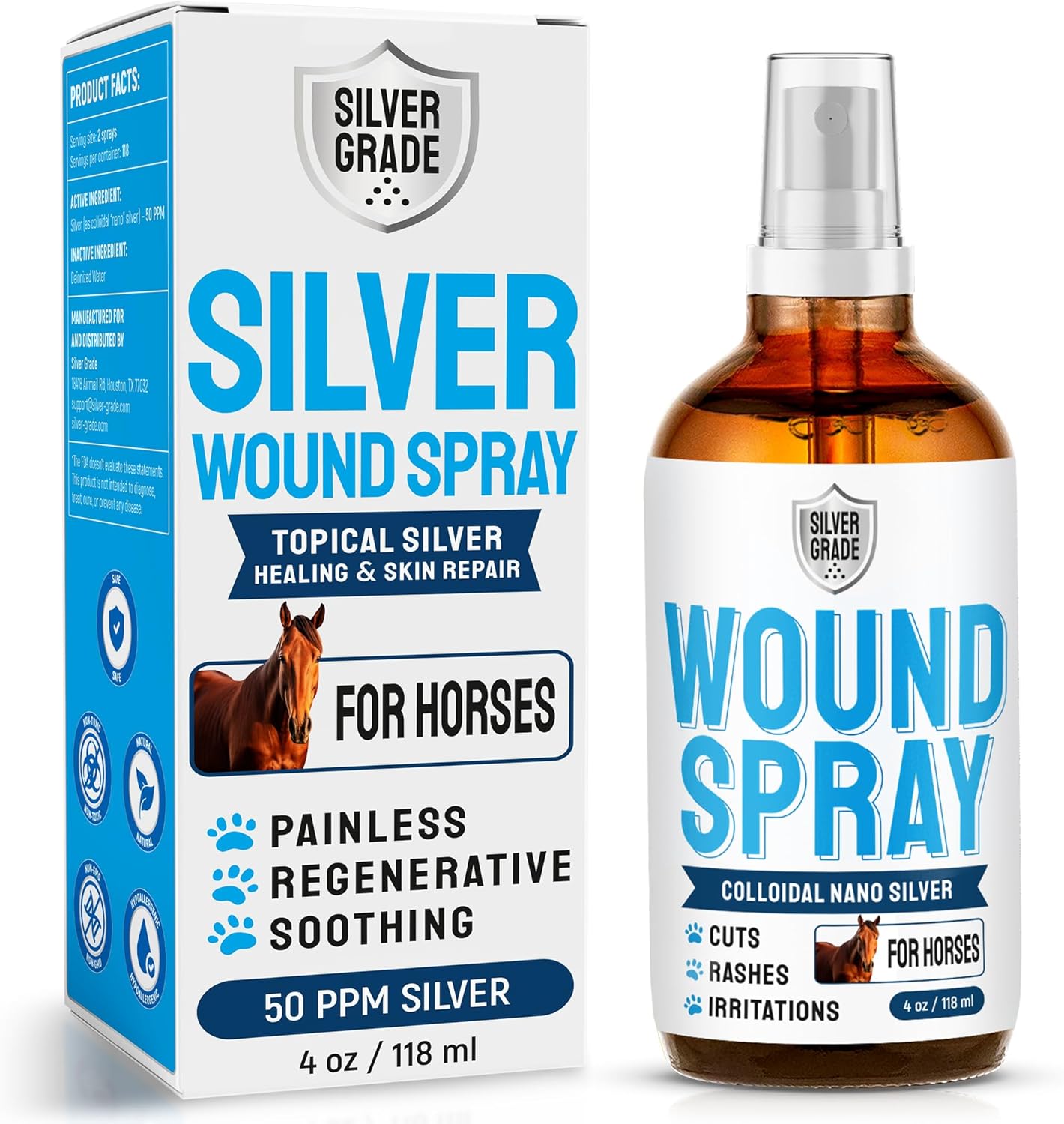 Horse Wound Care Spray with Silver – Wounds, Scratches, Cuts, Abrasions, Itching, Hot Spots, Skin Irritation – First Aid Solution and Breeds – 4 Oz