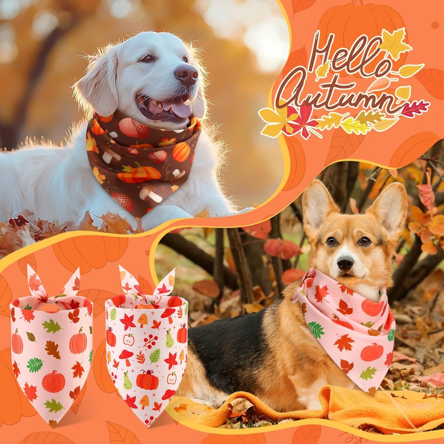 Abbylike 50 Pcs Fall Thanksgiving Dog Bandanas Bulk Pumpkin Bandanas for Dogs Triangle Kerchief Bibs Scarf for Pets Autumn Costume Photo Props Accessories Pet Shops, 25 Styles (31.5 x 21.7 x 21.7)