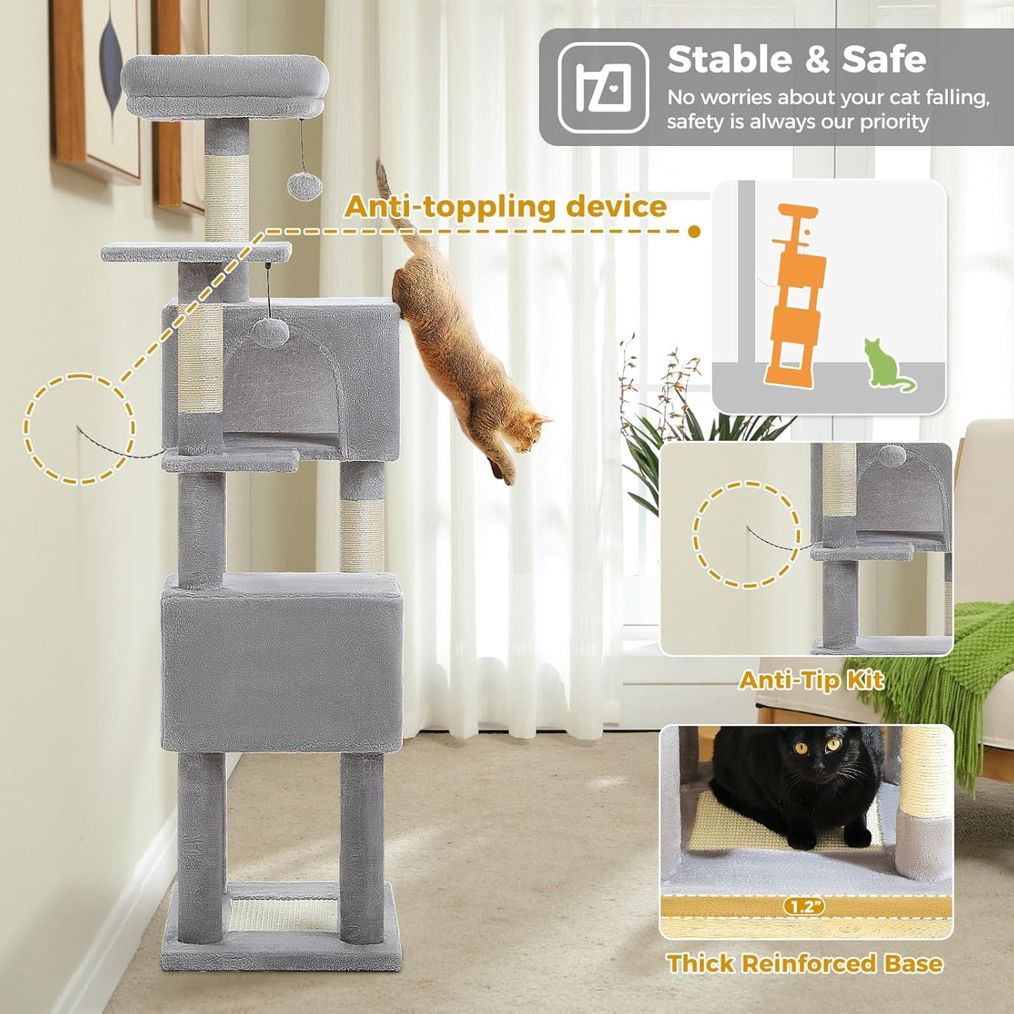 Cat Tree for Indoor Cats, 62-Inch Multi-Level Cat Tower with Scratching Posts for Large Cats, 2 Bigger Plush Condos, Padded Platform, Soft Cat Bed and Scratching Pad, 2 Pompoms, Gray