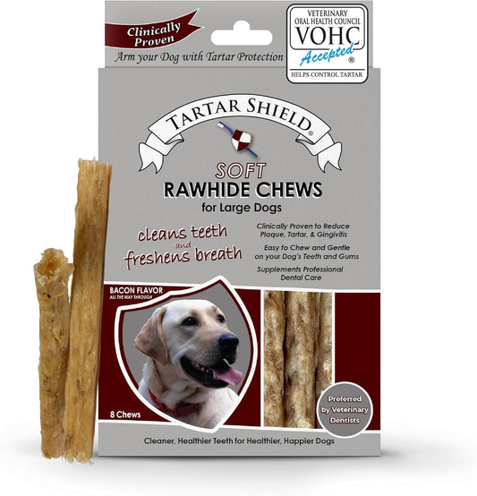 Tartar Shield Soft Rawhide Chews | Safe Dental Treats for Large Dogs | Vet VOHC Approved | Daily Bone Cleans Teeth & Gums Fresh Breath Oral Health Support | USA Made | (Large Dogs / 8 Count)