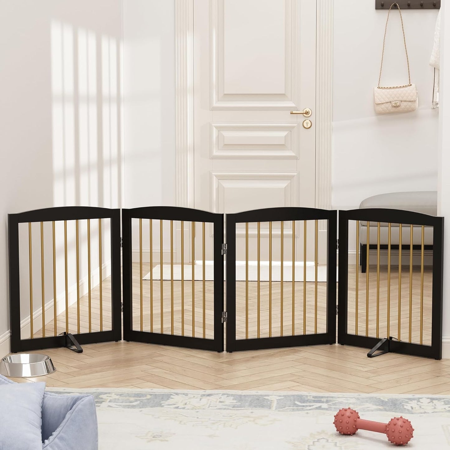 Freestanding Pet Gate for Dogs, Foldable Wooden Dog Gate for House, Indoor Dog Gate for Stairs, Doorways, Step Over Pet Puppy Safety Fence, 80 Inch Wide, 4 Panels 24", Black & Gold