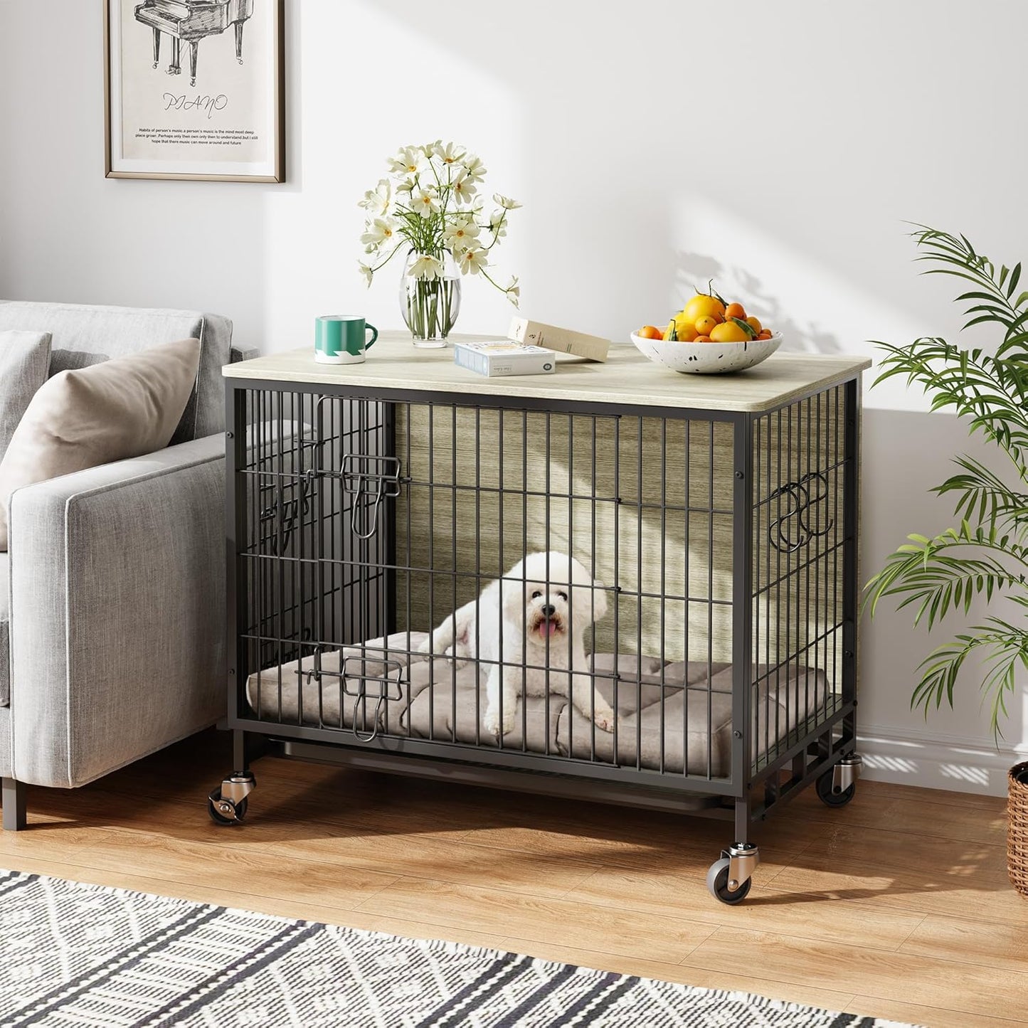 Dog Crate Furniture, 38.6" Wooden Dog Crate with Double Doors, Dog Furniture, Large Dog Kennel Indoor End Table for Large Dogs, Grey