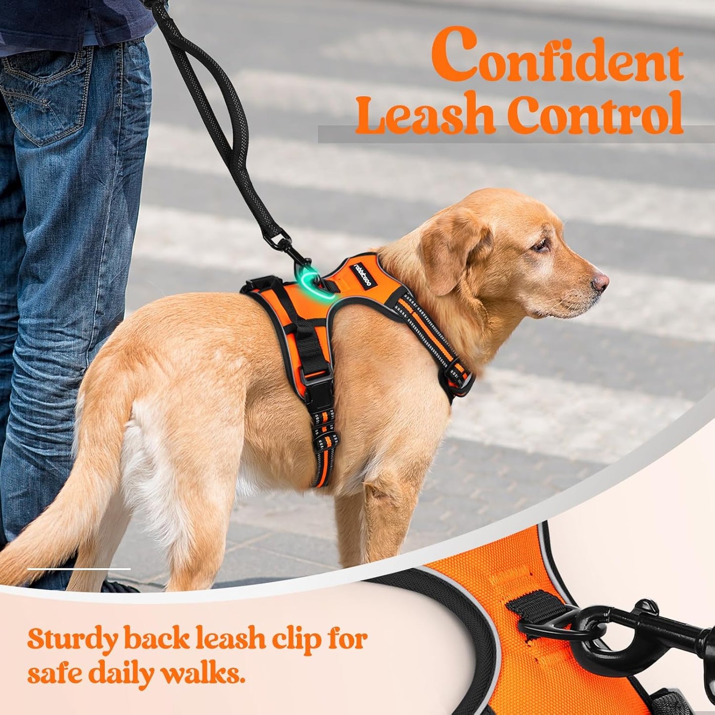 rabbitgoo Dog Harness No Pull with 2 Leash Clips, Adjustable Soft Padded, Reflective Oxford No Choke Pet Vest with Easy Control Handle for Large Dogs, Orange, XL