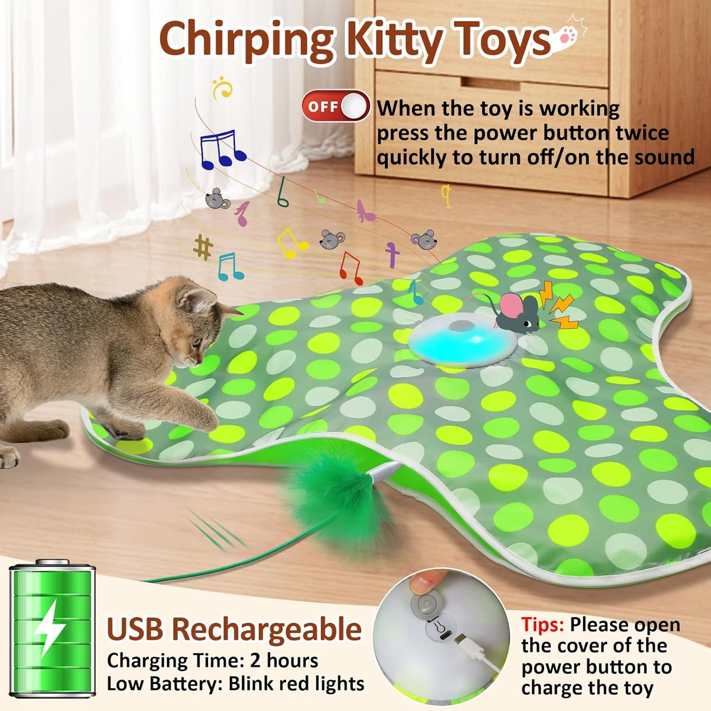 Interactive Cat Toy, Automatic Cat Toys for Indoor Cats, Hide and Seek Cat Toy with Motion Activated, Moving Feather, Chirping, USB Rechargeable