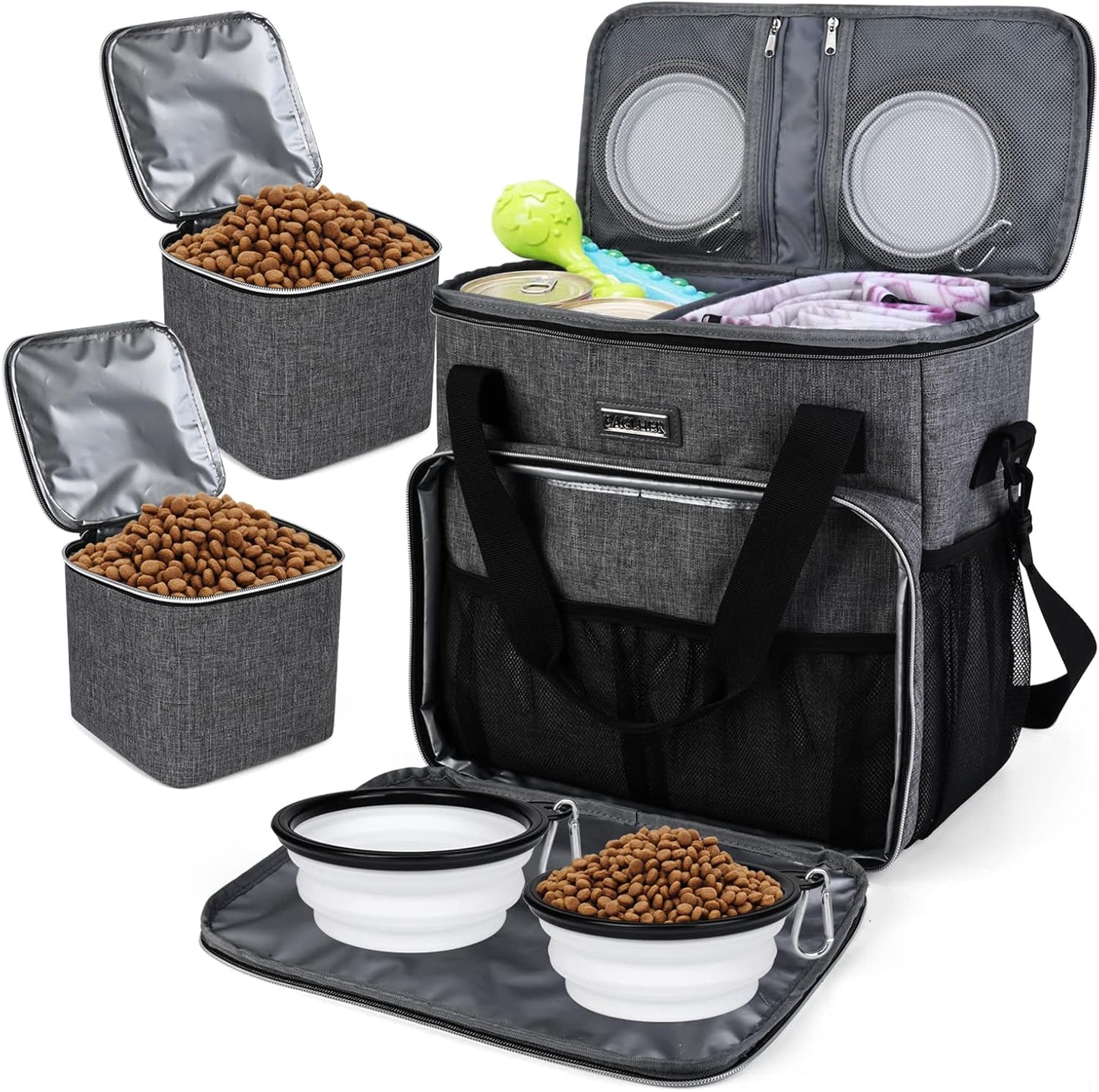 BAGLHER Dog Travel Bag, Pet Travel Bag (ALL Pet Travel Supplies), With 2 Pet Food Containers and 2 Collapsible Silicone Bowls; Essential Kits for Pet Travel Grey