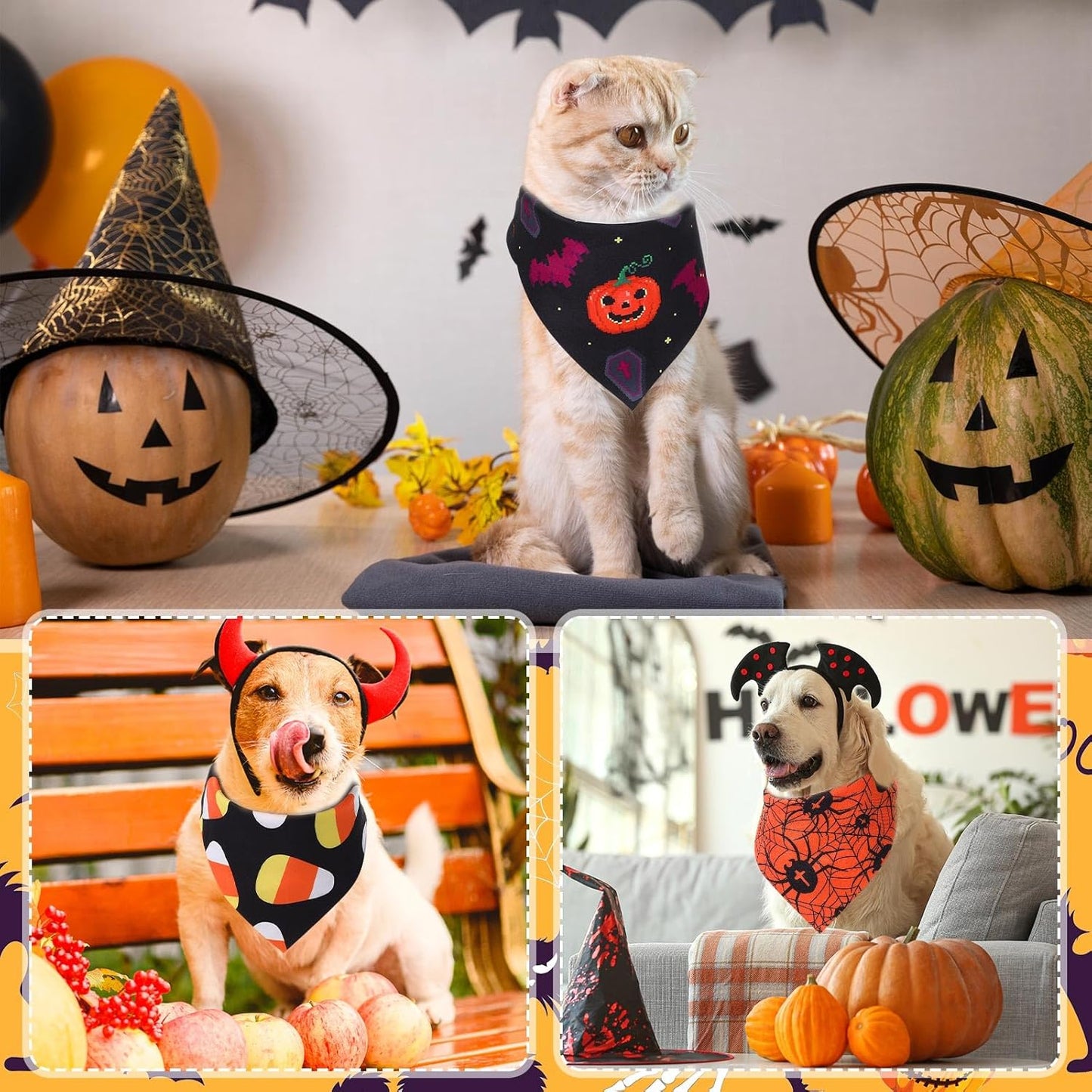 Abbylike 200 Pcs Halloween Dog Bandanas Bulk Pumpkin Bandanas for Dogs Pets Triangle Kerchief Bibs Scarf for Halloween Costume Photo Props Accessories Pet Shops Adoption Events Groomers, 25 Styles