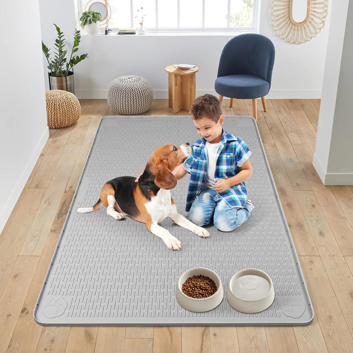 Dog Food Mat, Extra Large 50" x 35" Silicone Pet Feeding Mat with Raised Edge Pet Placemat for Small, Medium, and Large Pets Non-Slip, Easy to Clean (Grey)